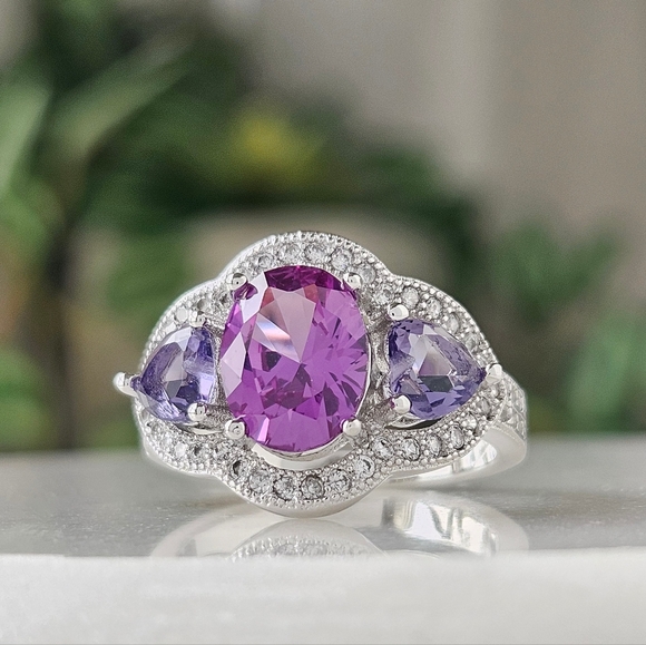 Fancy Oval Purple Amethyst Ring, 925 Sterling Silver Charmed Aroma - Picture 3 of 9